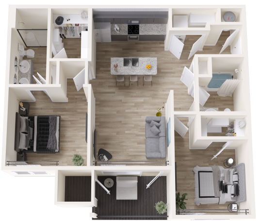 a 3d rendering of a two bedroom apartment at The Rushcreek
